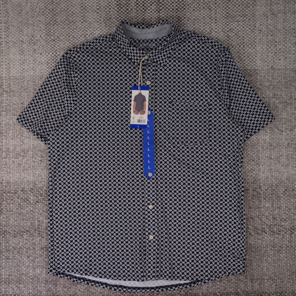 Tailor Vintage Mens Short Sleeve Button Down Shirt Dark Blue Geometric Large